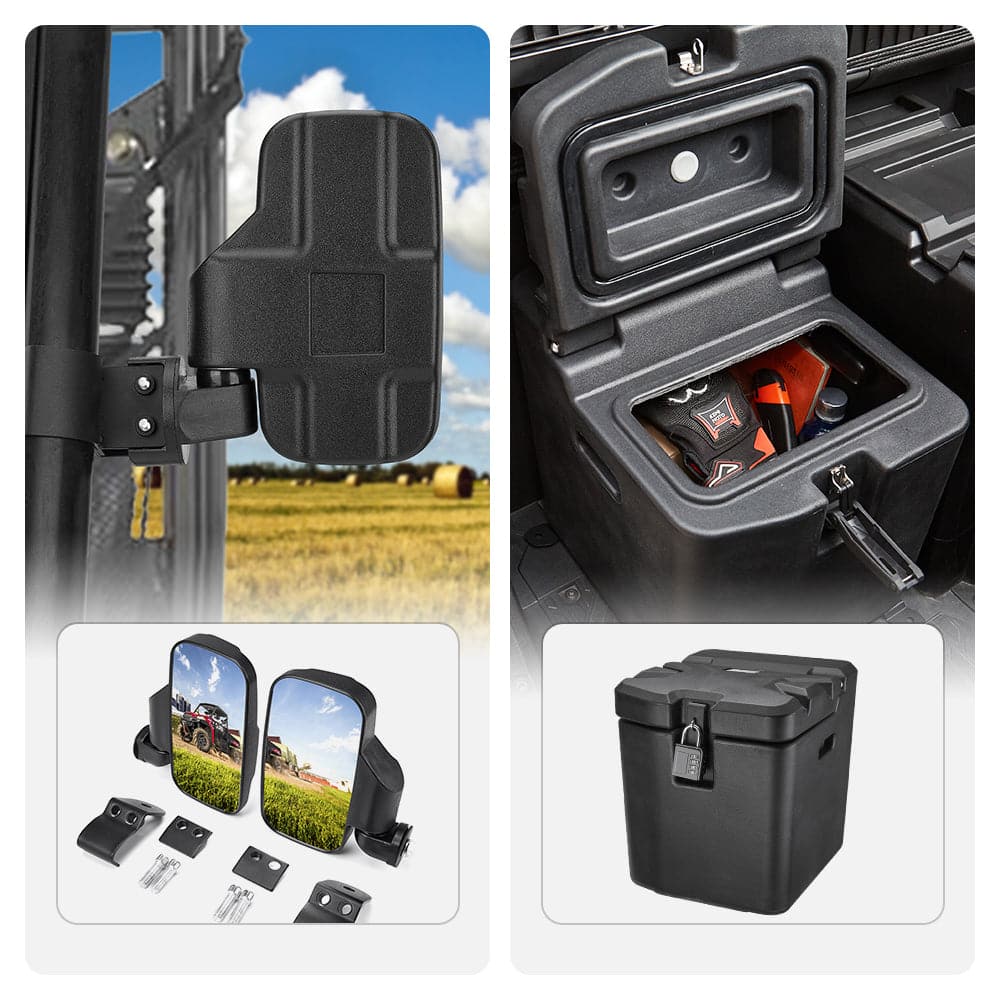 Polaris Ranger XP 1000 Adjustable Break Away Side Mirrors & Under Seat Storage Box - KEMIMOTO