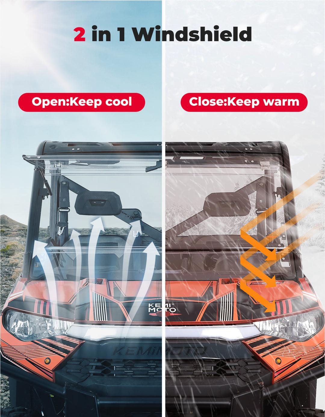 2-IN-1 Flip Windshield for Polaris Ranger XP 900/1000/ Crew 2014-2025