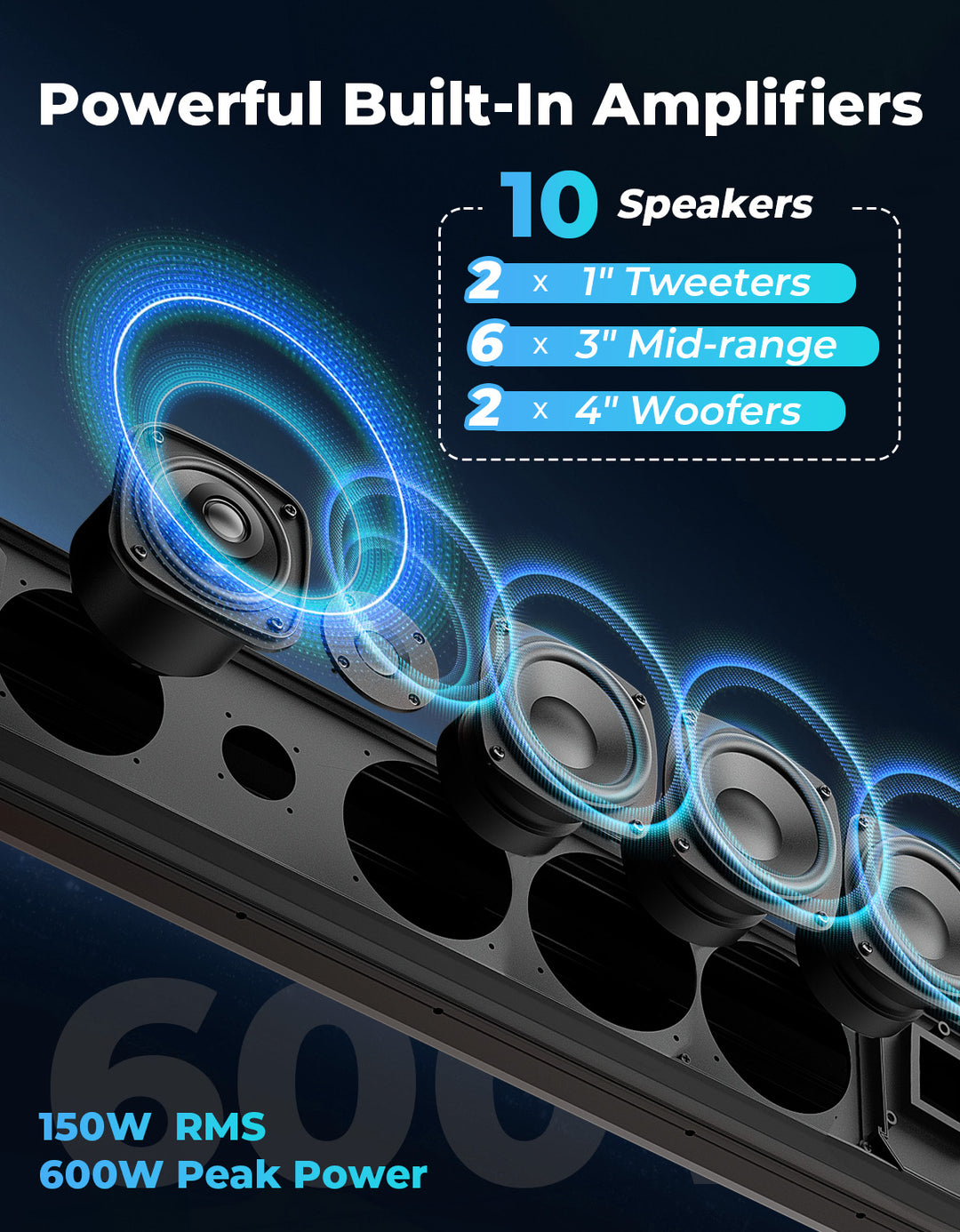 10 Speaker Aluminum RGB Sound Bar for UTV Golf Cart Marine with 1.25 in-2 in Roll Bar
