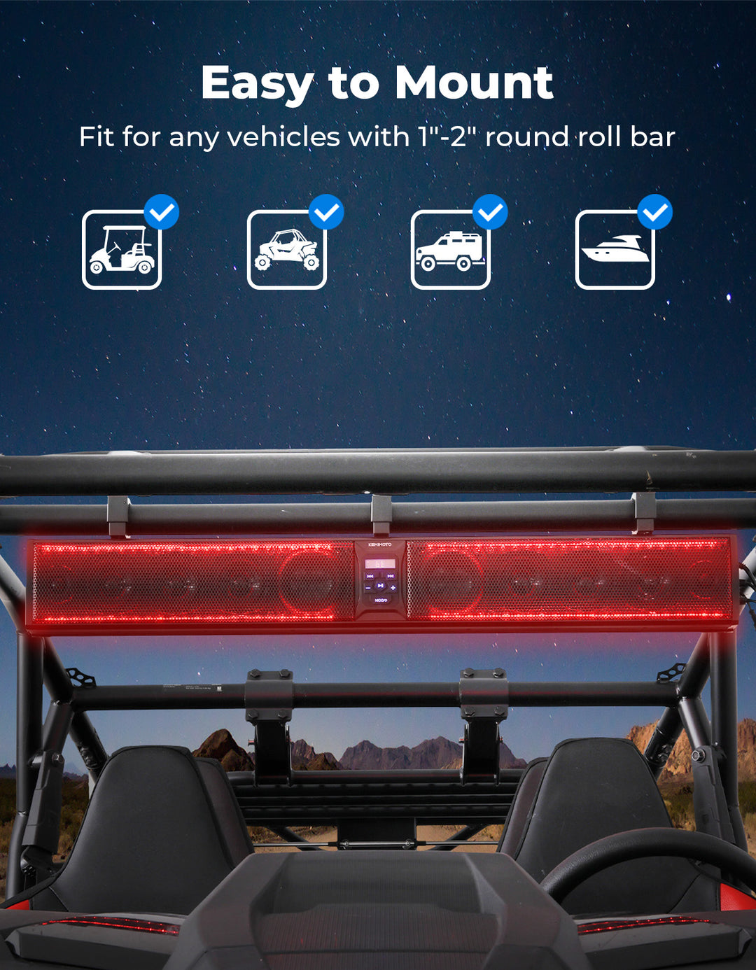 10 Speaker Aluminum RGB Sound Bar for UTV Golf Cart Marine with 1.25 in-2 in Roll Bar