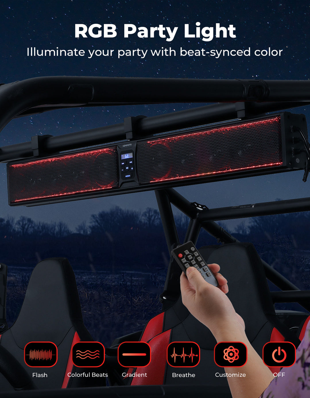 10 Speaker Aluminum RGB Sound Bar for UTV Golf Cart Marine with 1.25 in-2 in Roll Bar