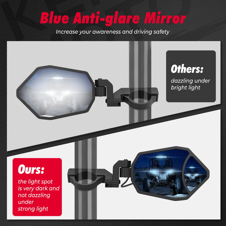UTV 1.62"-2" Round Tube Adjustable Side Mirror With RGB Light - Kemimoto