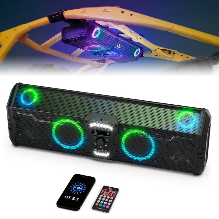 Midnight 90 Roof 34 Inch Soundbar For Can-Am Polaris UTV Bluetooth Speaker Fits 1.45–2" Roll Cages - Kemimoto