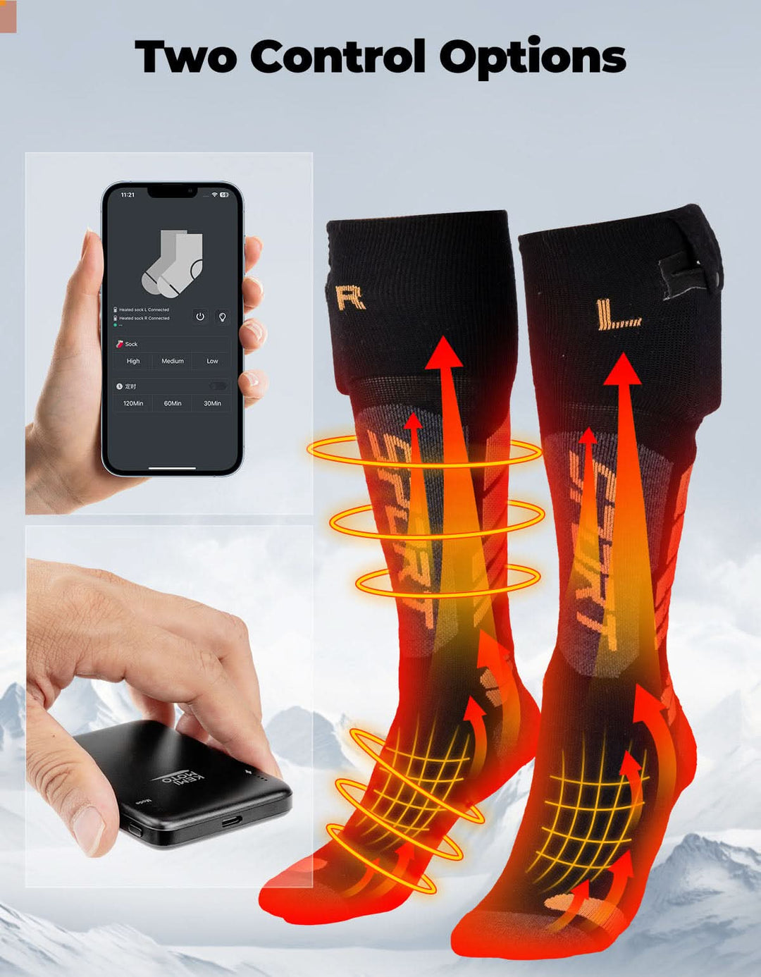 Wool Heated Socks for Unisex APP Control Black White