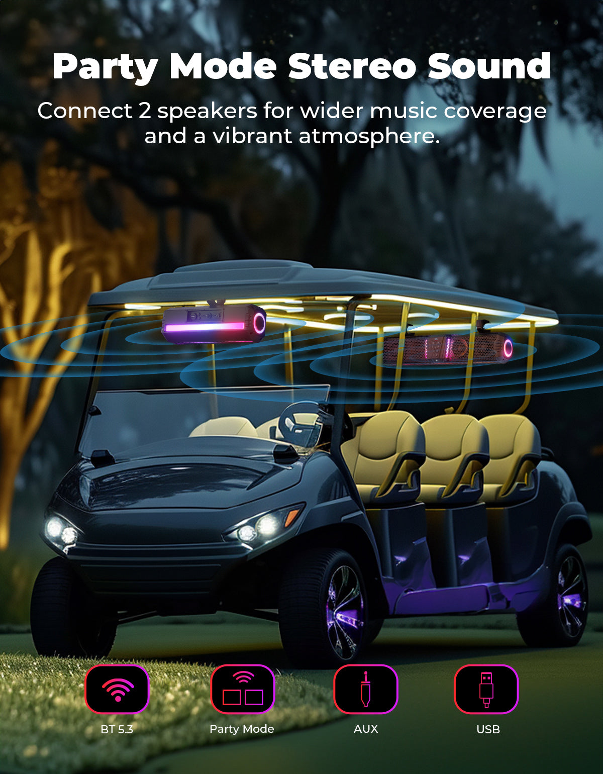 KEMIMOTO Midnight 40 16'' RGB Bluetooth Sound Bar for UTV Golf Cart Marine Boat