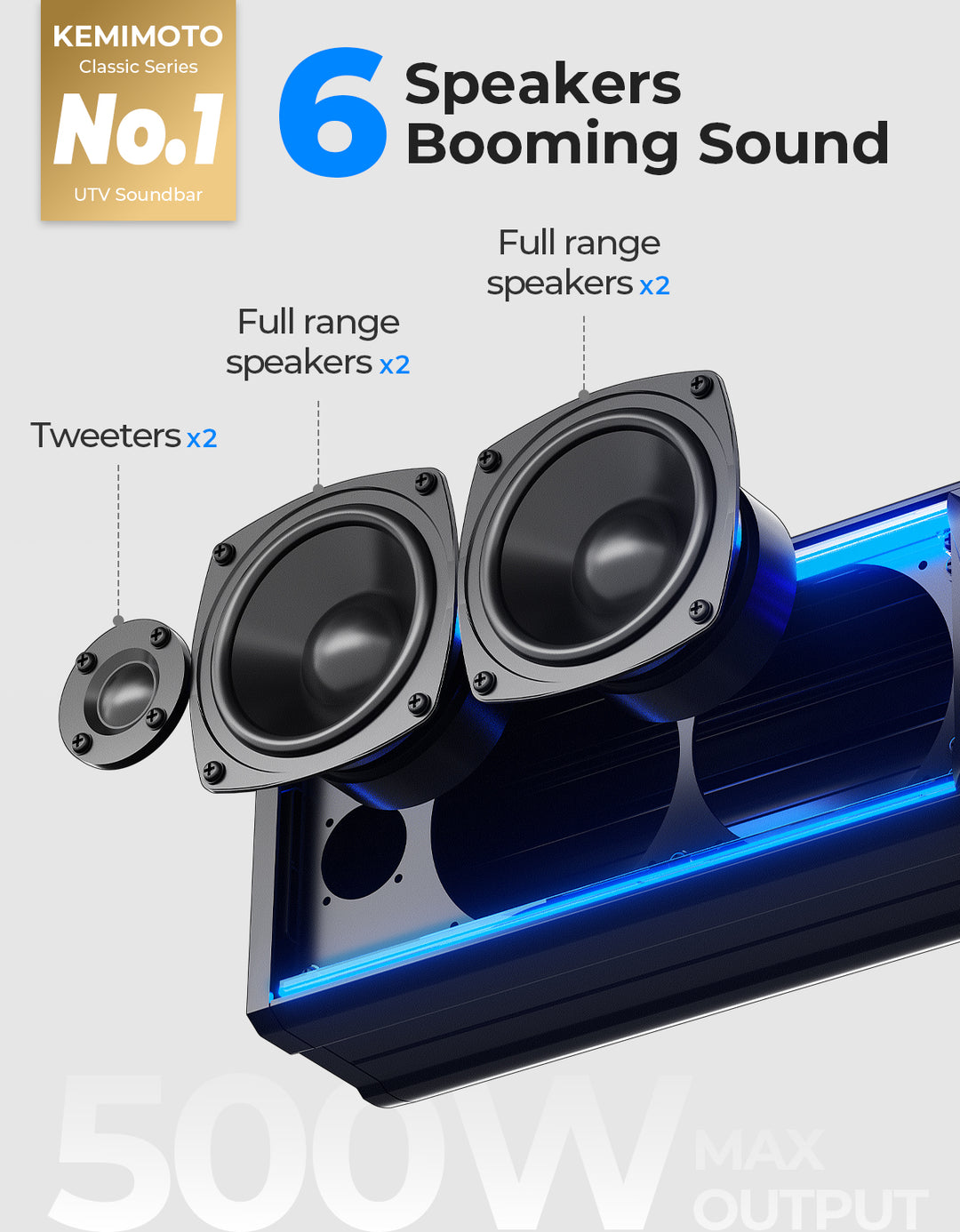 UTV Sound Bar RGB 25'' Bluetooth Multicolor Lights 500W Amplifier 1.25''-2'' Roll Bar