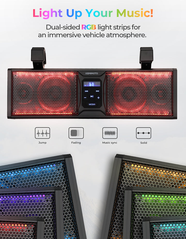 UTV LED Whipless Light & 4-Speaker RGB Sound Bar Combo Kit