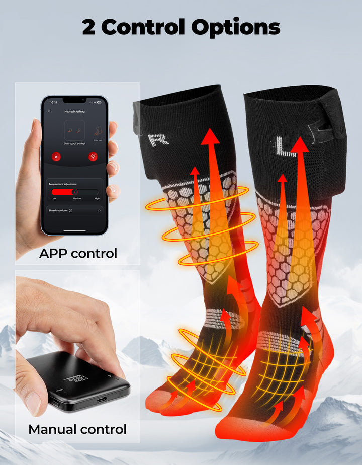 Wool Heated Socks for Unisex APP Control Black White