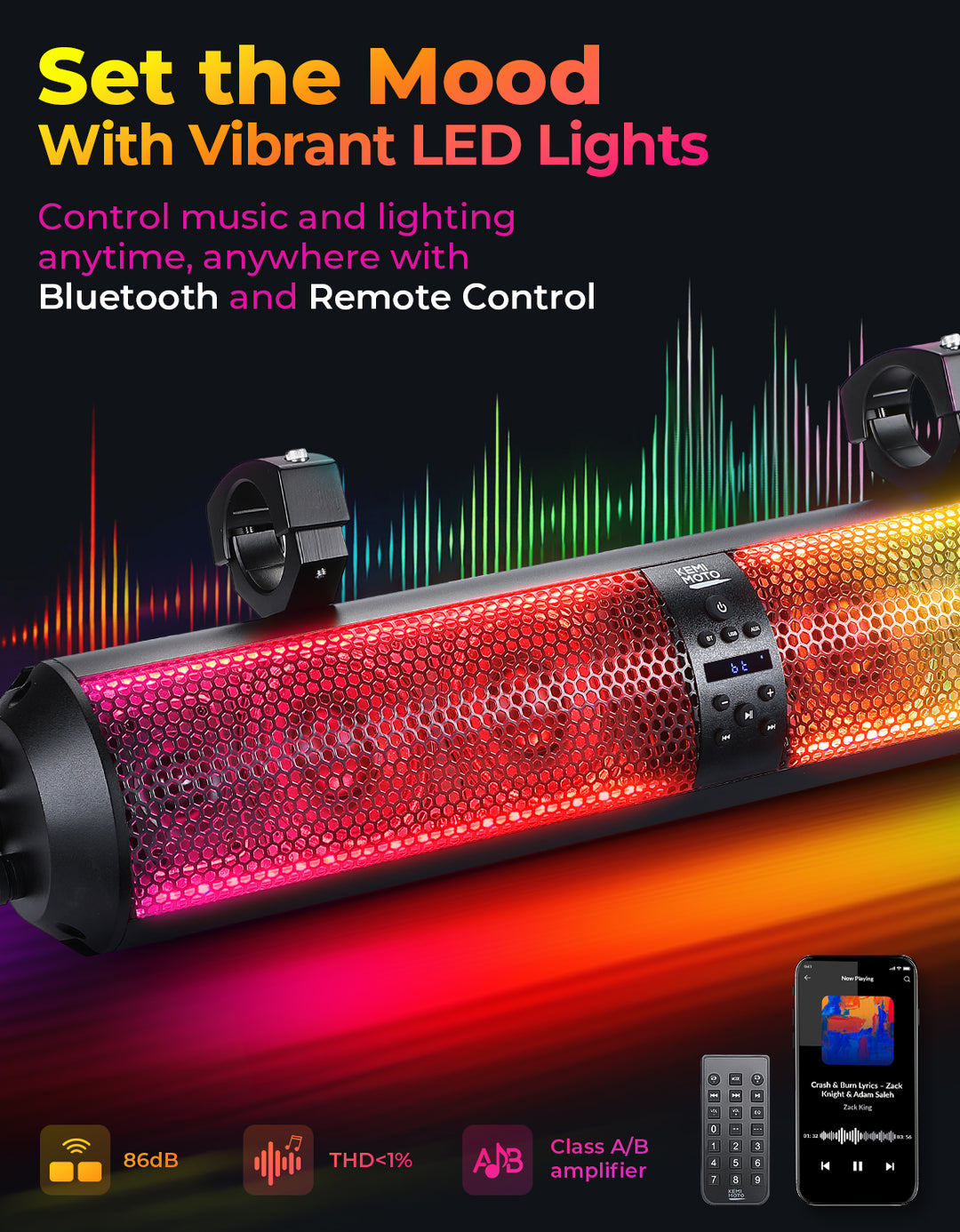 RGB UTV Soundbar, 28 Inch SXS Speaker for 1.56"- 2.25" Roll Cage