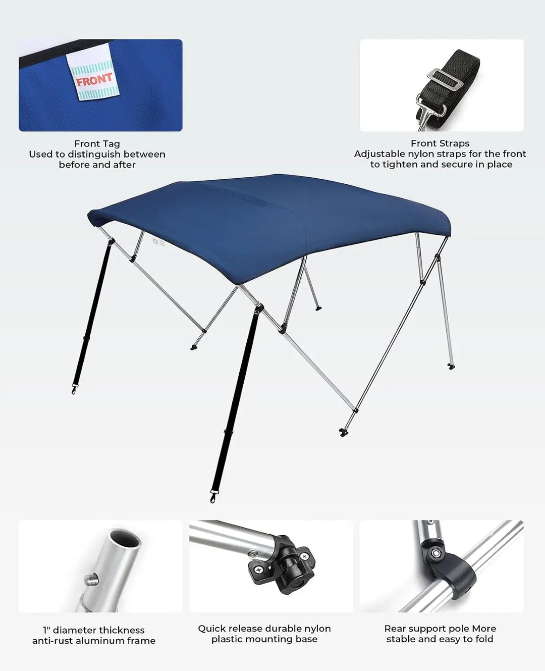 KEMIMOTO 2/3/4 Bow Bimini Top for Boats with Rear Support Poles