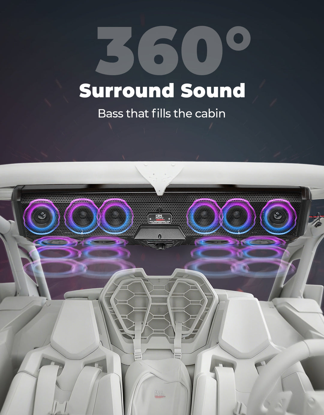 Midnight 90 Roof 34 Inch Soundbar For Can-Am Polaris UTV Bluetooth Speaker Fits 1.45–2" Roll Cages - Kemimoto