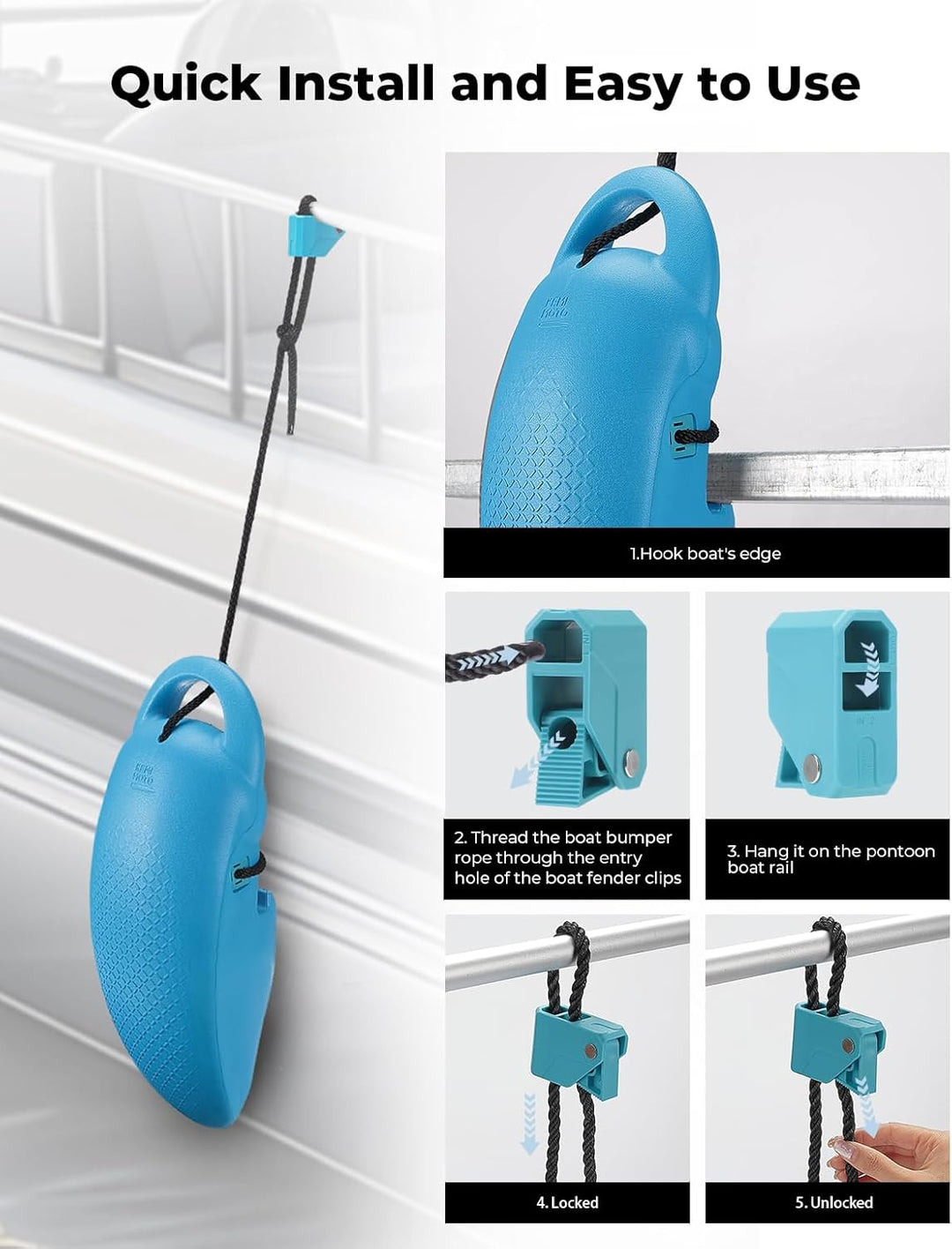 KEMIMOTO Pontoon Boat Fenders – Heavy-Duty Boat Bumpers with Locking Grooves & Quick-Release Clips for 14–28ft Boats