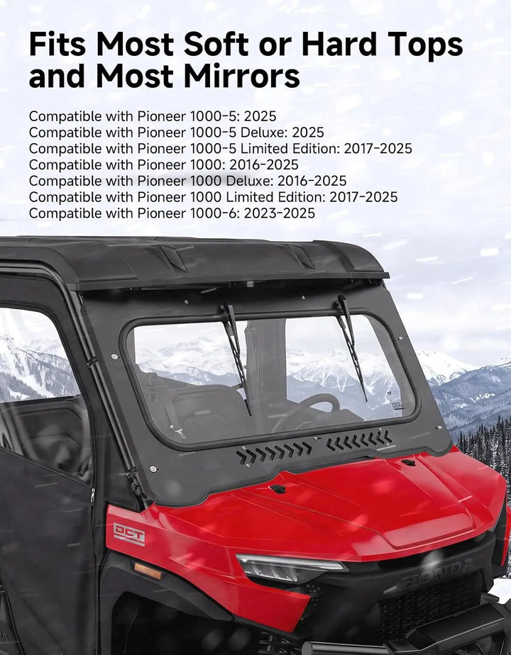 KEMIMOTO 7mm Glass Front Windshield with Manual Vent & Dual Wipers for Honda Pioneer 1000