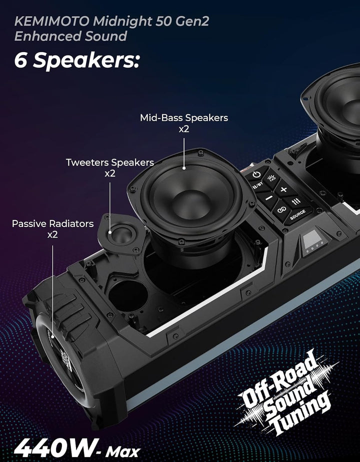 Midnight 50 Gen2 Soundbar For Can am Polaris 440W Max Power, IP66 Waterproof & Quad Passive Radiators