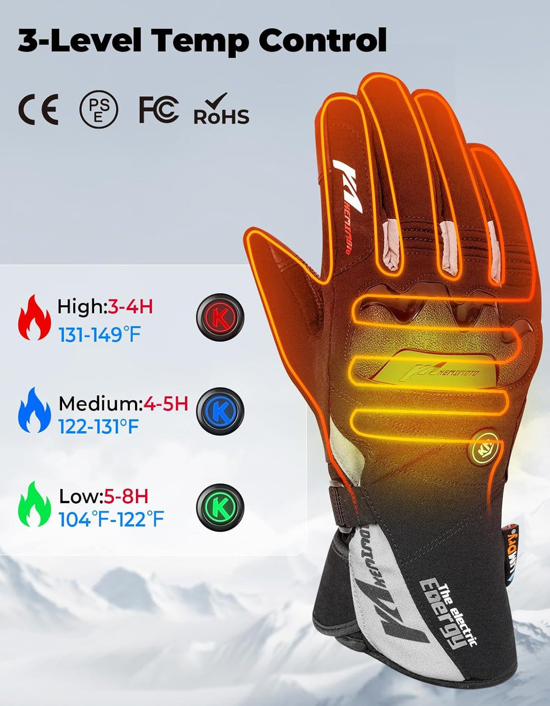 Heated Gloves Waterproof Touchscreen 7.4V 2500mAh