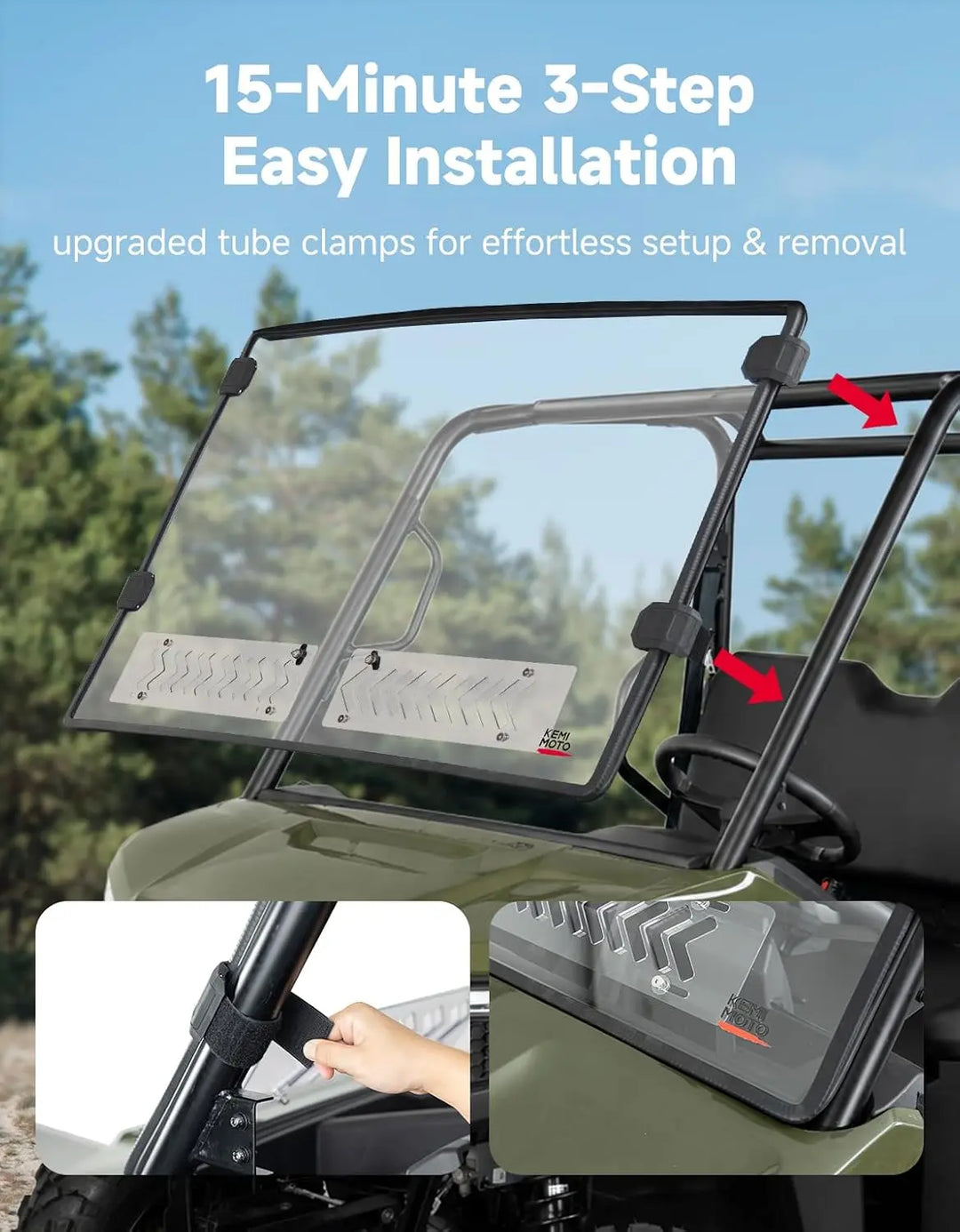 KEMIMOTO Vented Front Windshield for Polaris Ranger 500 2026–2027