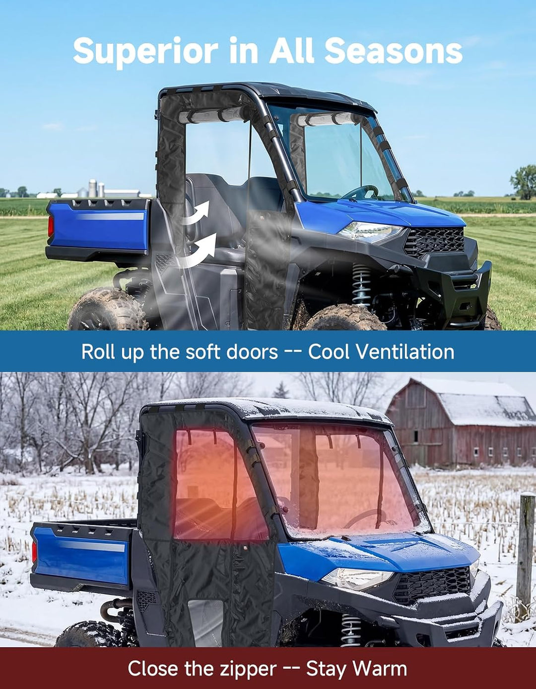 KEMIMOTO Upgraded Soft Doors Cab Enclosure for Polaris Ranger SP 570 with Premium YKK Zippers