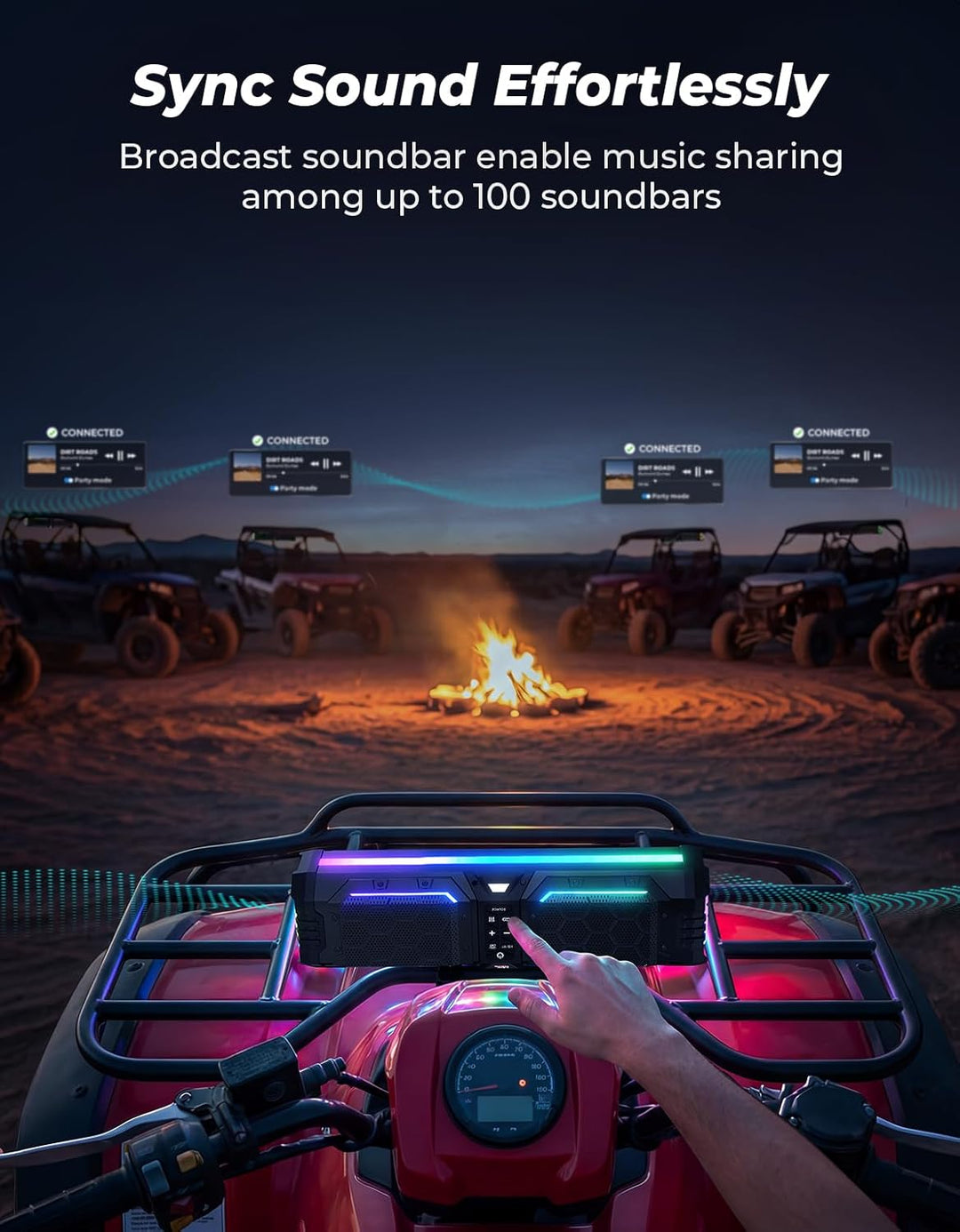 Midnight 50 Gen2 Soundbar For Can am Polaris 440W Max Power, IP66 Waterproof & Quad Passive Radiators