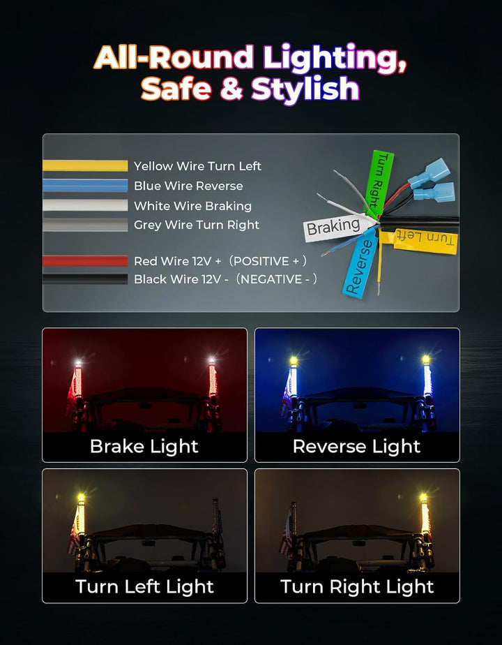 2PCS 2FT LED Whip Lights RGB Spiral Chasing for UTV ATV Can-Am Polaris