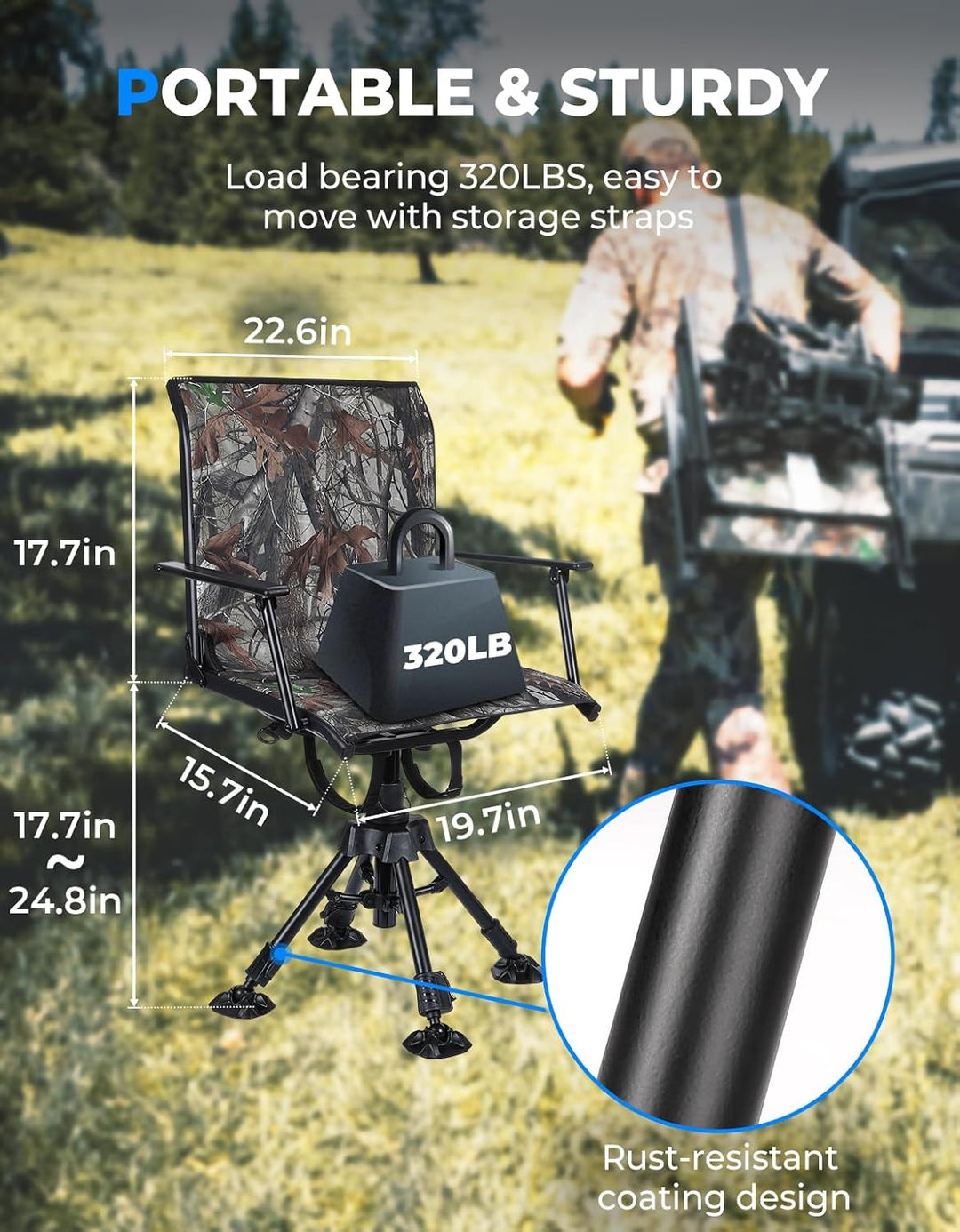 Hunting Fishing Chair 360° Adjustable Silent Swivel Folding