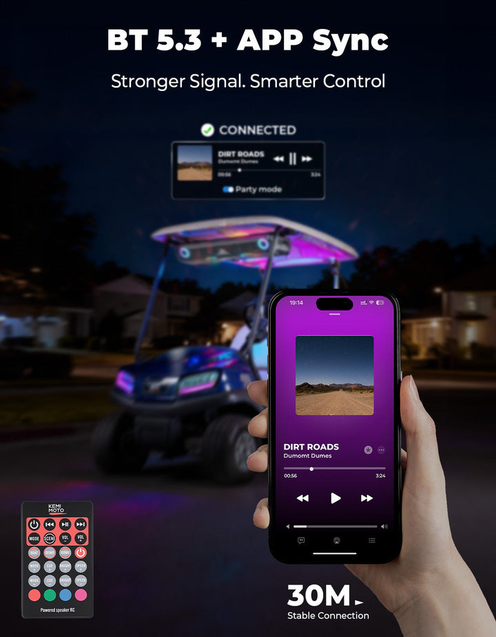 Midnight 90 Roof 34" Golf Cart Bluetooth Sound Bar RGB Lights 400W Waterproof Speaker - Kemimoto