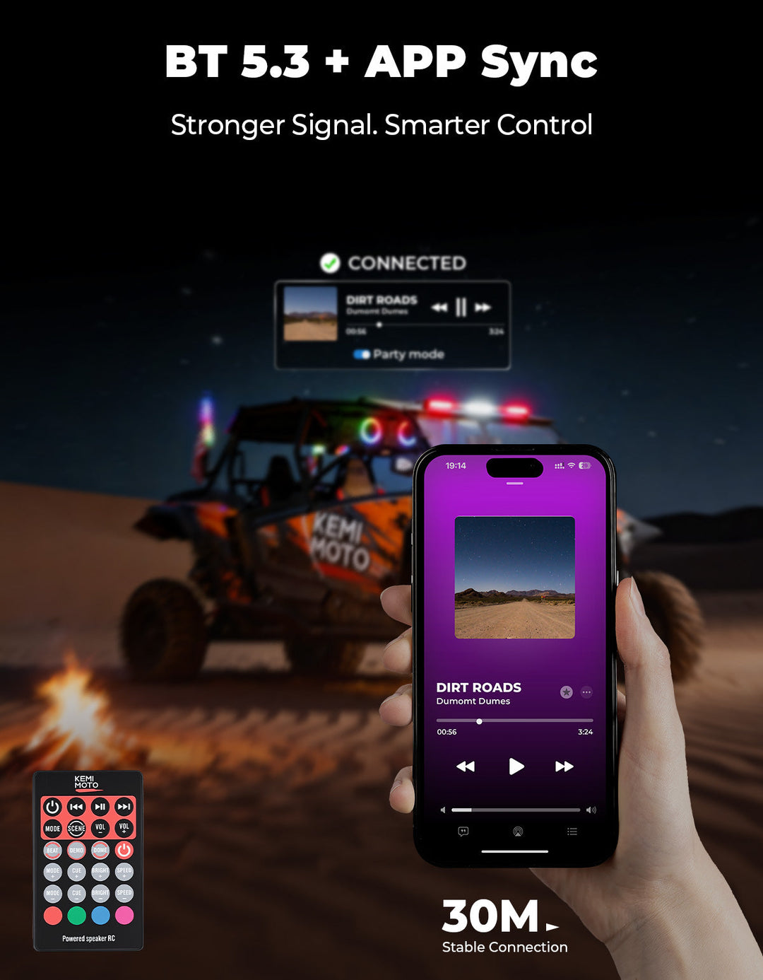 Midnight 90 Roof Soundbar For Can-am Polaris UTV Bluetooth 10 Speakers RGB Lights IP66 Waterproof Dustproof - Kemimoto