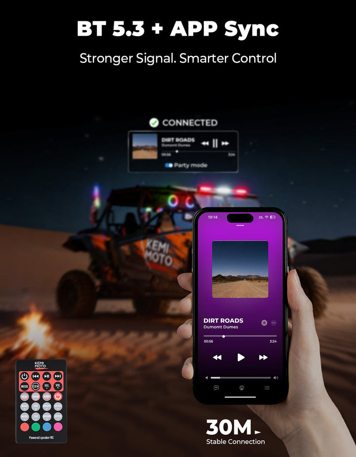 Midnight 90 Roof Soundbar For Can-am Polaris UTV Bluetooth 10 Speakers RGB Lights IP66 Waterproof Dustproof - Kemimoto