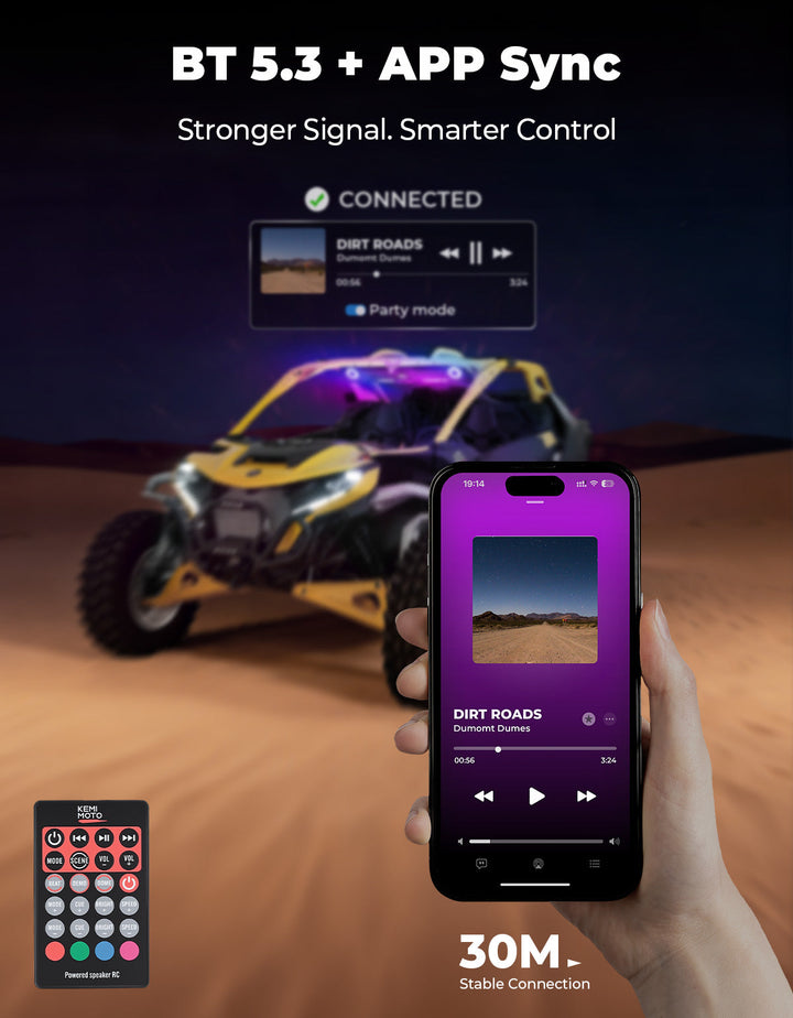 Midnight 90 Roof 34 Inch Soundbar For Can-Am Polaris UTV Bluetooth Speaker Fits 1.45–2" Roll Cages - Kemimoto