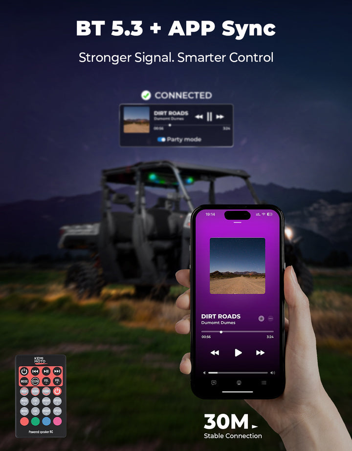 Midnight 90 Roof 34.25" Soundbar For Can-am Polaris UTV Bluetooth Speaker with Dual Subwoofers, IP66 Waterproof 10-Speaker System - Kemimoto