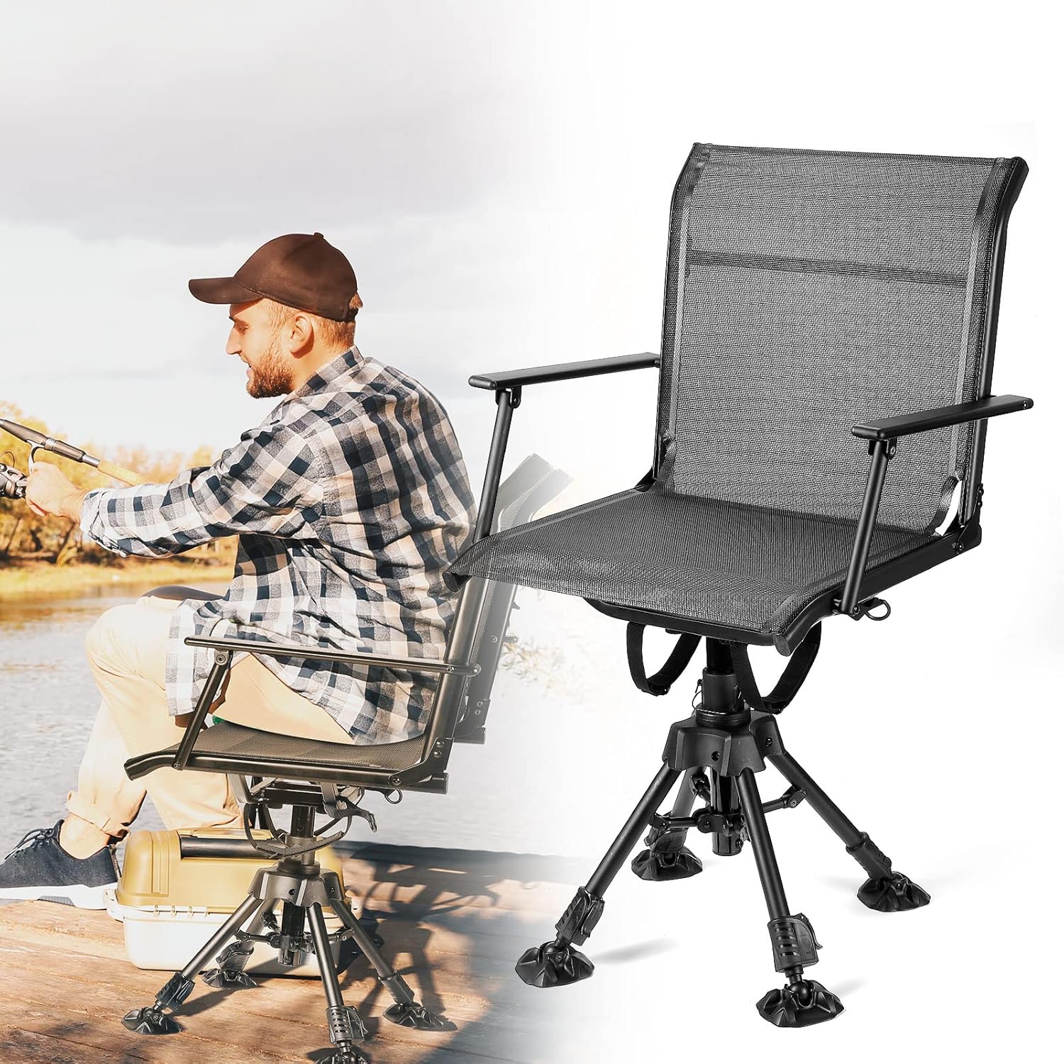 Hunting Fishing Chair 360° Adjustable Silent Swivel Folding