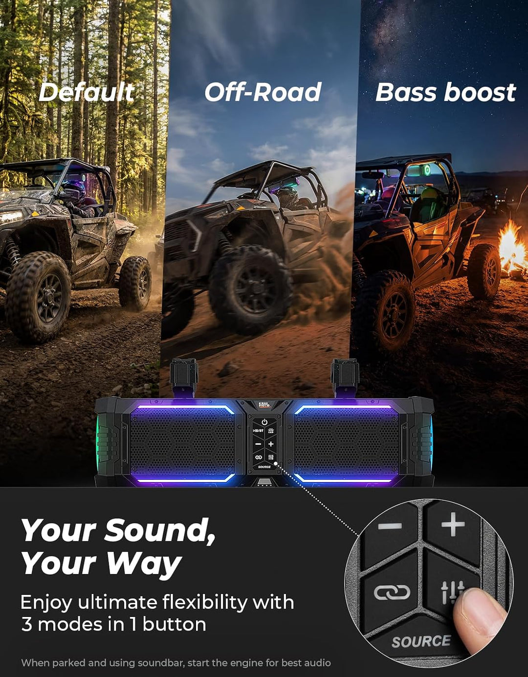 Midnight 50 Gen2 Soundbar For Can am Polaris 440W Max Power, IP66 Waterproof & Quad Passive Radiators
