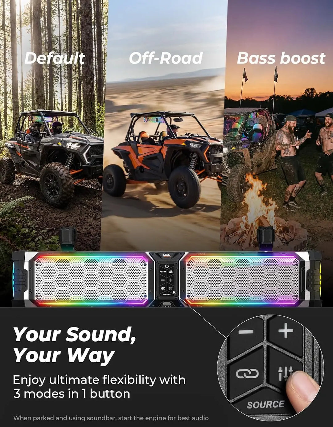 KEMIMOTO Midnight S70 Gen2 UTV Soundbar For Can am Polaris 680W Max Power, IP66 Waterproof & Quad Passive Radiators