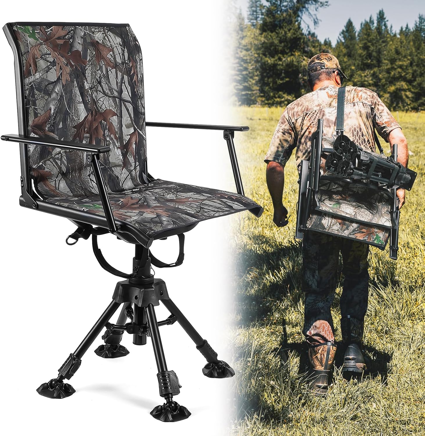 Hunting Fishing Chair 360° Adjustable Silent Swivel Folding