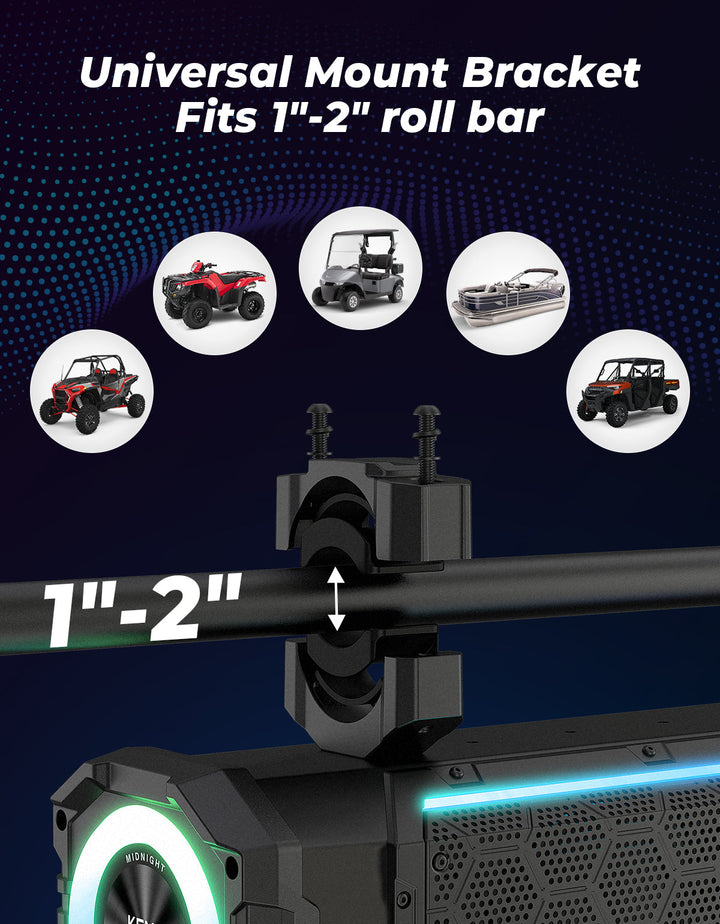 Midnight 80 Gen2 10-speaker UTV sound bar with universal mount bracket