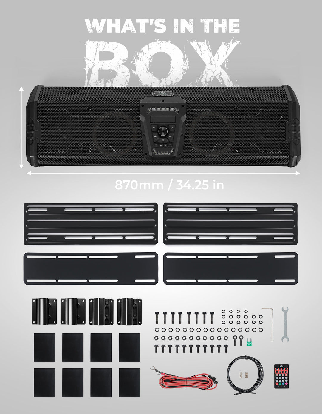 Midnight 90 Roof 34.25" Soundbar For Can-am Polaris UTV Bluetooth Speaker with Dual Subwoofers, IP66 Waterproof 10-Speaker System - Kemimoto
