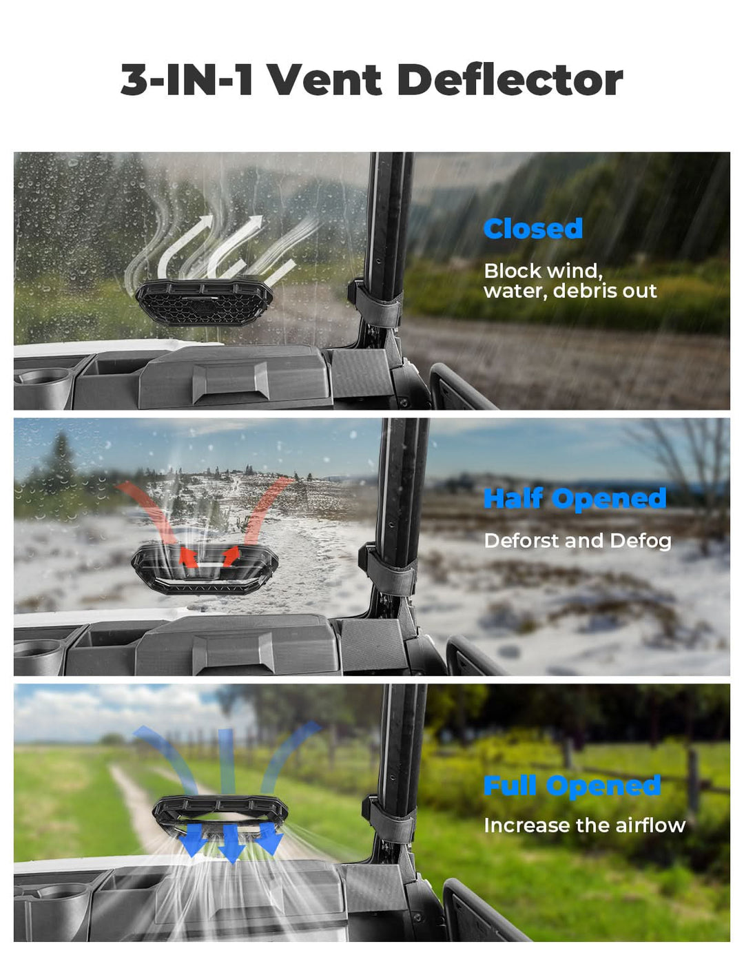 3-in-1 Vented Windshield for Polaris Ranger 1000 & XP 900/1000 (2014-2026) - Kemimoto