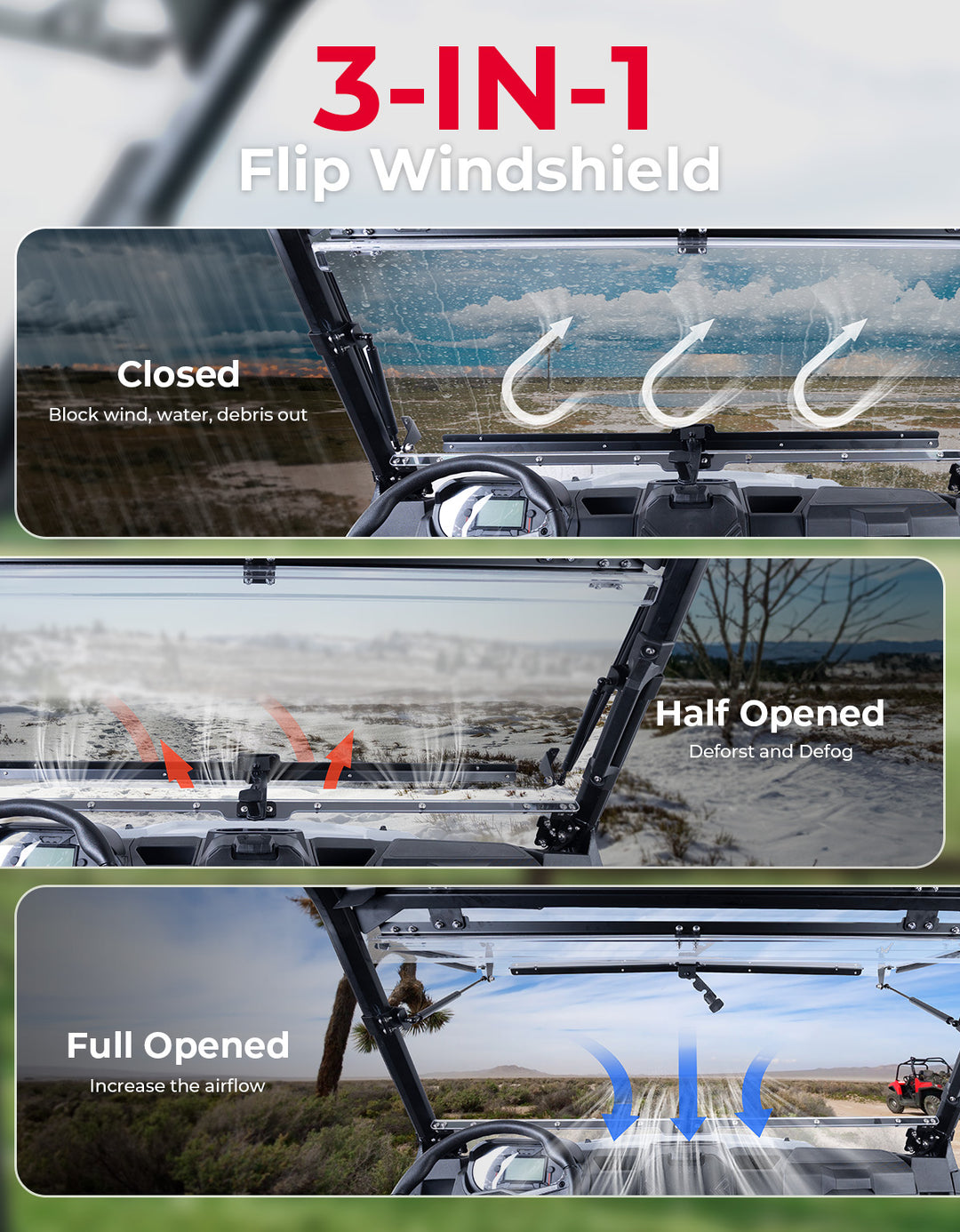 3-IN-1 Flip Windshield for Polaris Ranger XP 900/1000/ Crew XP 1000 2014-2025