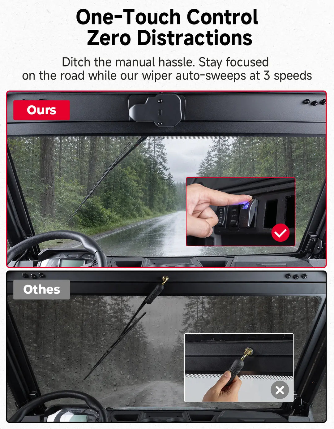 UTV 9/32" Glass Windshield with Trigger-Activated Electric Wiper for Polaris Ranger 1000 / XP 1000 / XP 900 & Crew 2013-2026