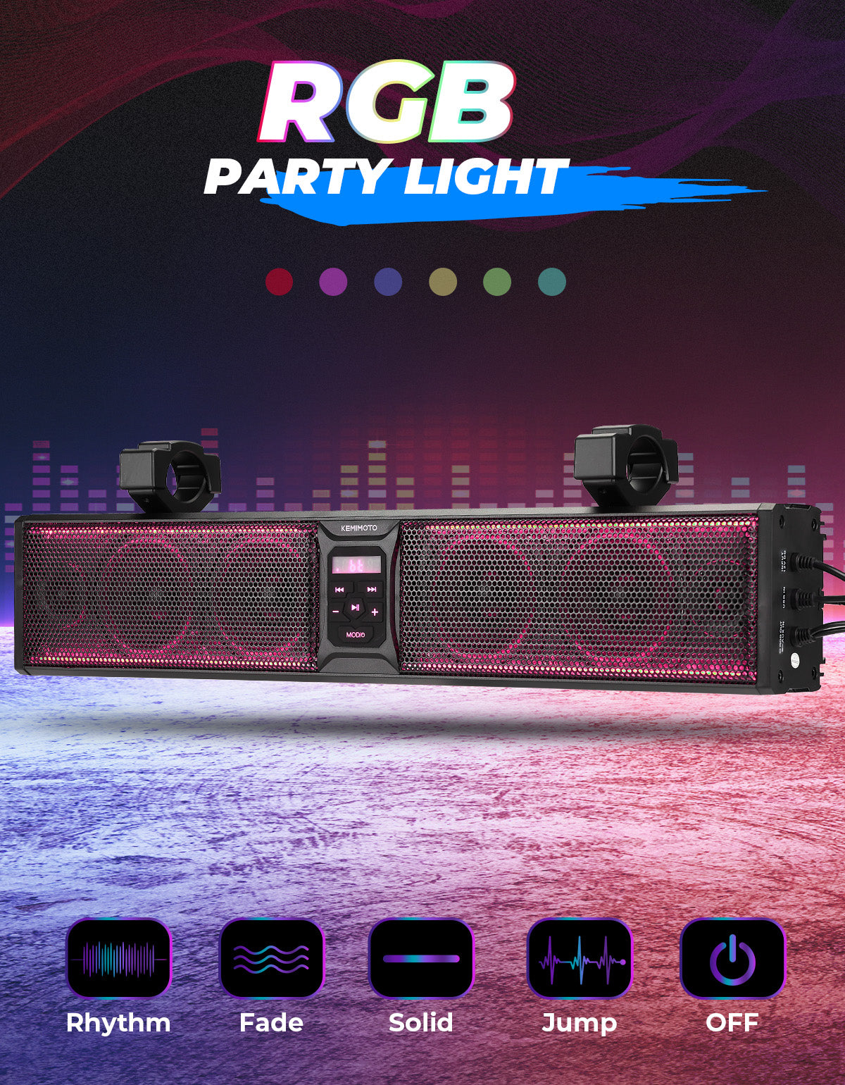 UTV Sound Bar RGB 26'' Bluetooth Multicolor Lights 500W Amplifier 1.75''-2'' Roll Bar