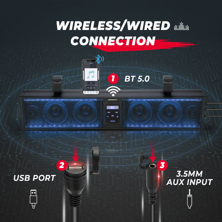 UTV Sound Bar RGB 25'' Bluetooth Multicolor Lights 500W Amplifier 1.25''-2'' Roll Bar