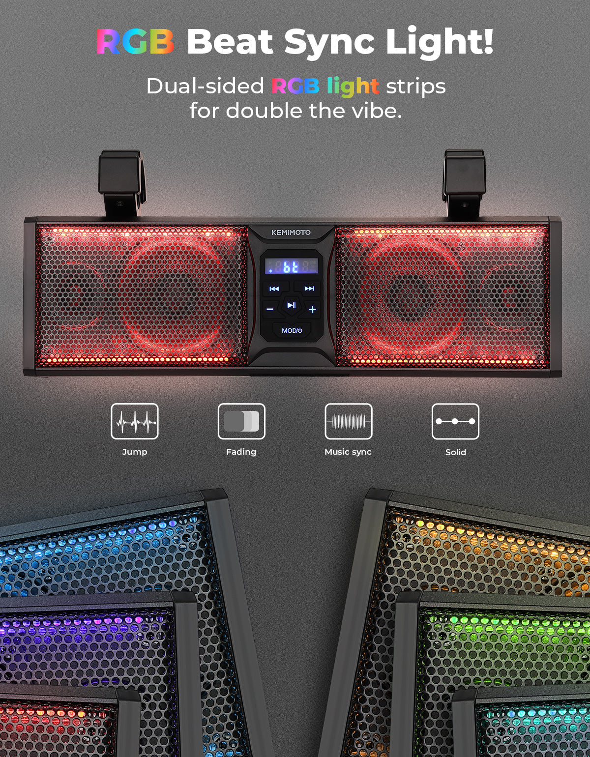 4 Speaker 16 Inch RGB Universal Sound Bar for 1.75''-2.25'' Roll Bar