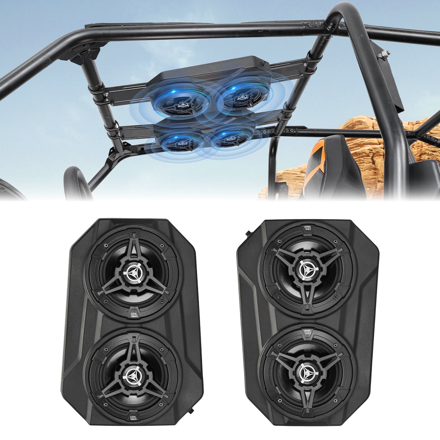 UTV Sound System 6.5 Inch Speakers Overhead Stereo Bluetooth Fits 1.625-1.9in Roll Cages