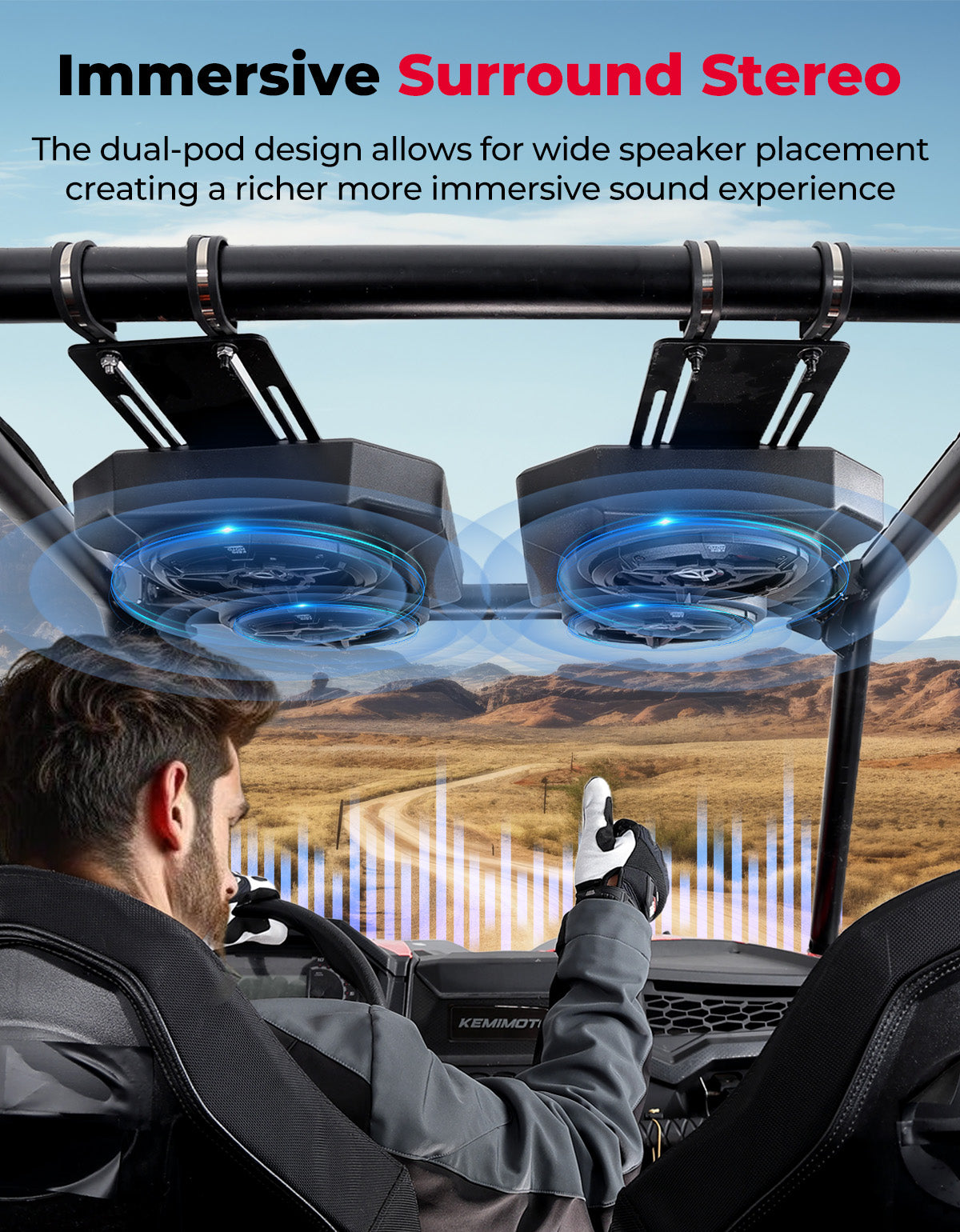 UTV Sound System 6.5 Inch Speakers Overhead Stereo Bluetooth Fits 1.625-1.9in Roll Cages