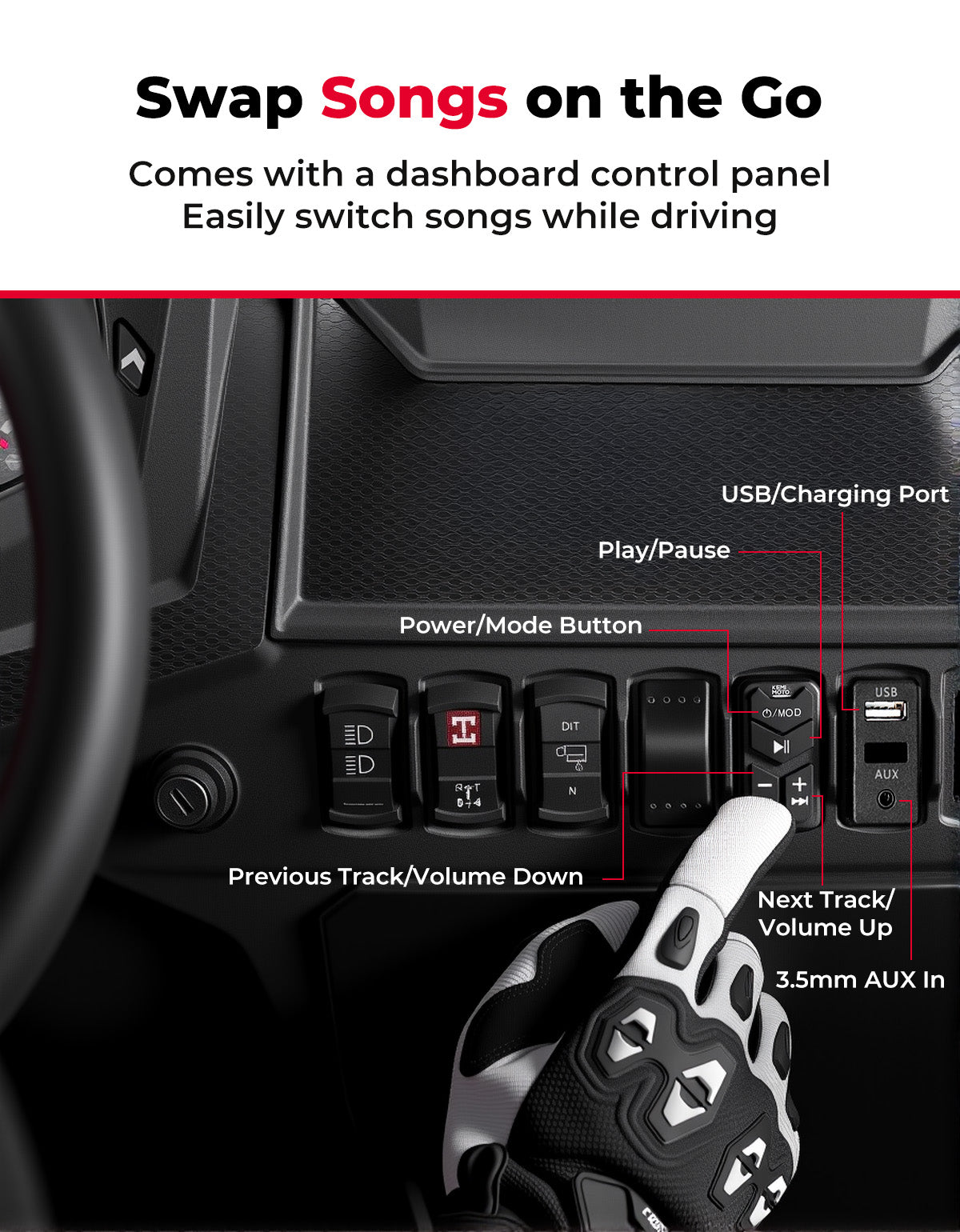 UTV Sound System 6.5 Inch Speakers Overhead Stereo Bluetooth Fits 1.625-1.9in Roll Cages