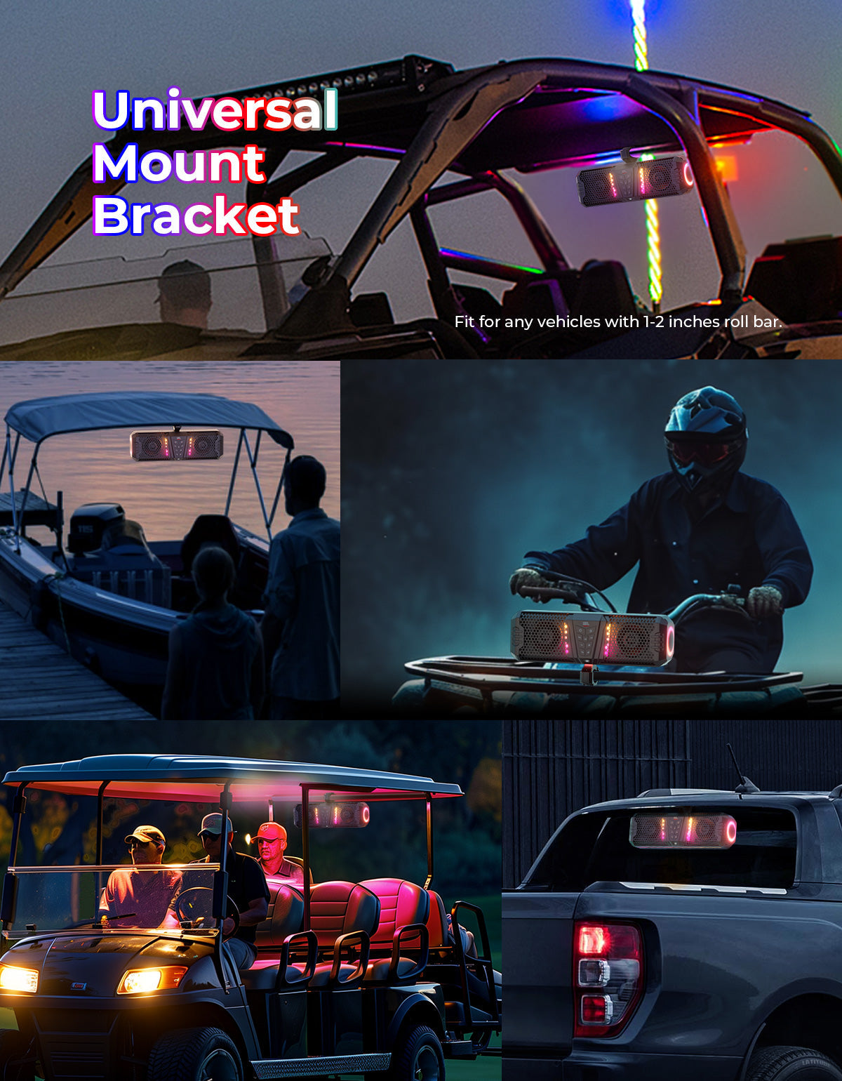 KEMIMOTO Midnight 40 16'' RGB Bluetooth Sound Bar for UTV Golf Cart Marine Boat - Kemimoto