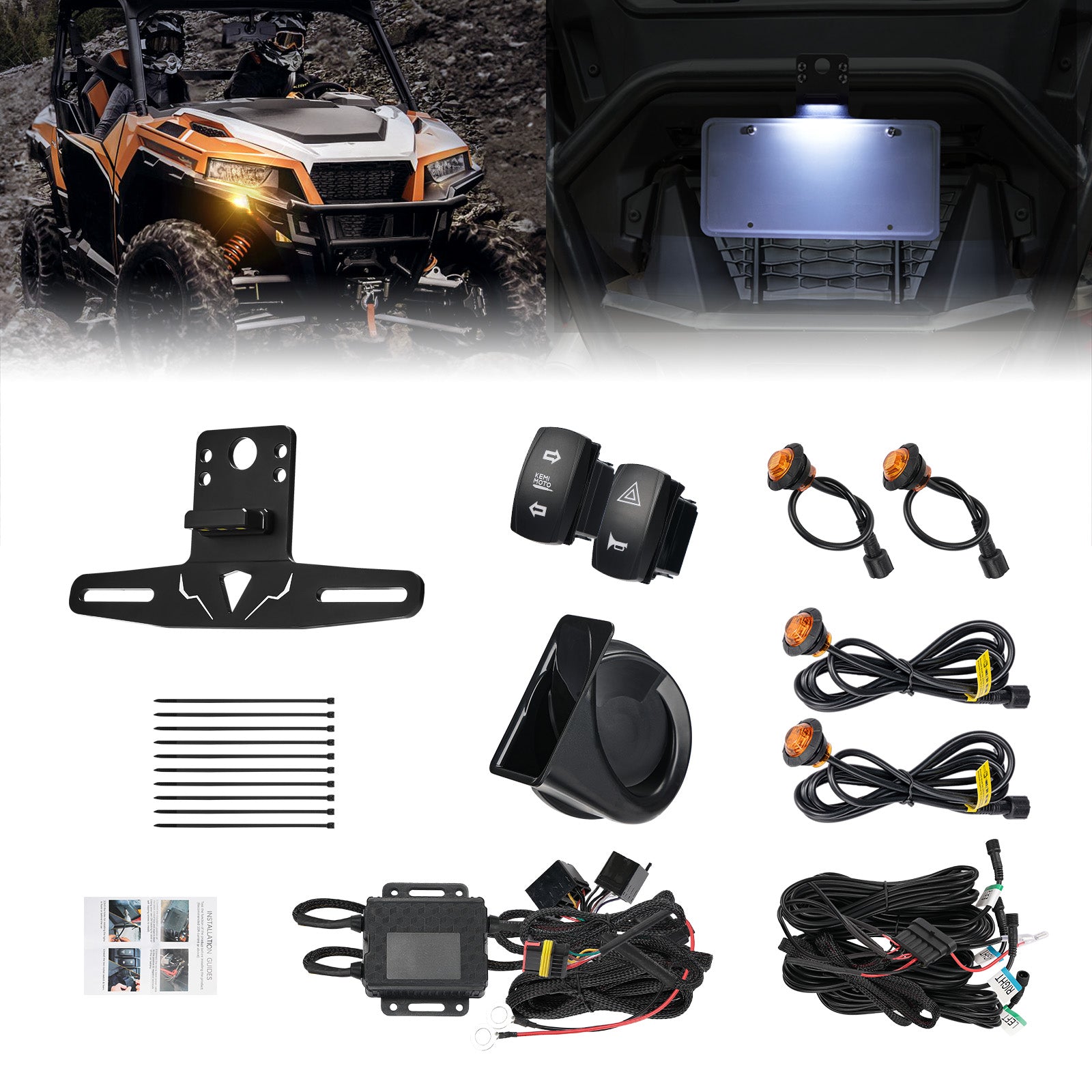 UTV Turn Signal Kit with 110D Horn and License Plate Holder with Light for Polaris, Can-Am, Teryx, CFMOTO