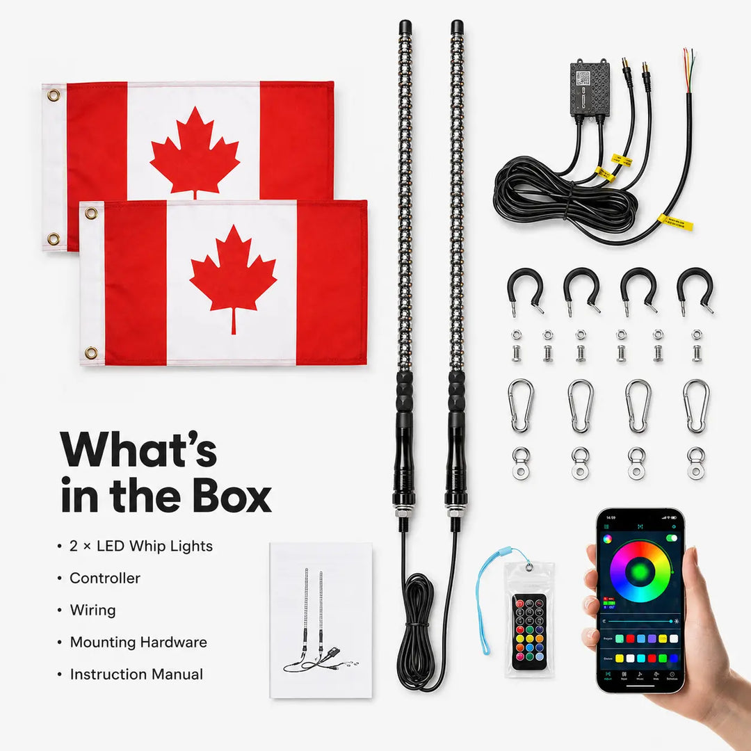 Canada flag outdoor light kit laid out on a white background, including two Canadian flags, two long black LED whip antennas, wiring harnesses, mounting hooks and hardware, a remote, an instruction sheet, and a smartphone showing the app control screen. Text on the image reads 'What's in the Box' and lists included items.