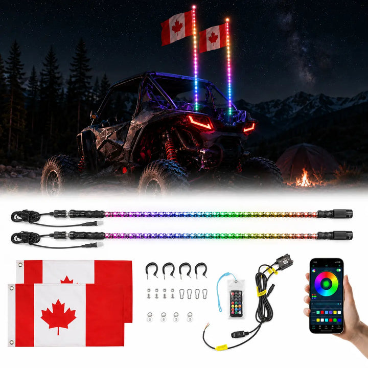 Canada flag UTV LED light bar kit shown with a UTV at night, the light bars, Canadian flags, mounting hardware, a remote, and a smartphone app screen on a white background.