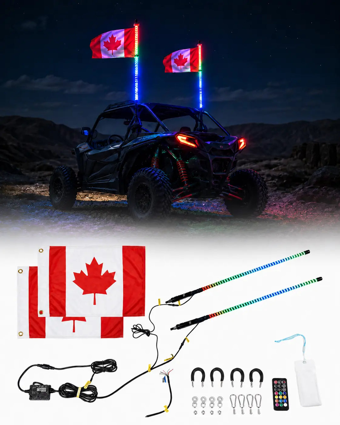 Canada flag LED light pole kit shown both installed on an off-road vehicle at night and as a flat lay of included accessories including two light poles, Canadian flags, wiring, clips, and a remote control.