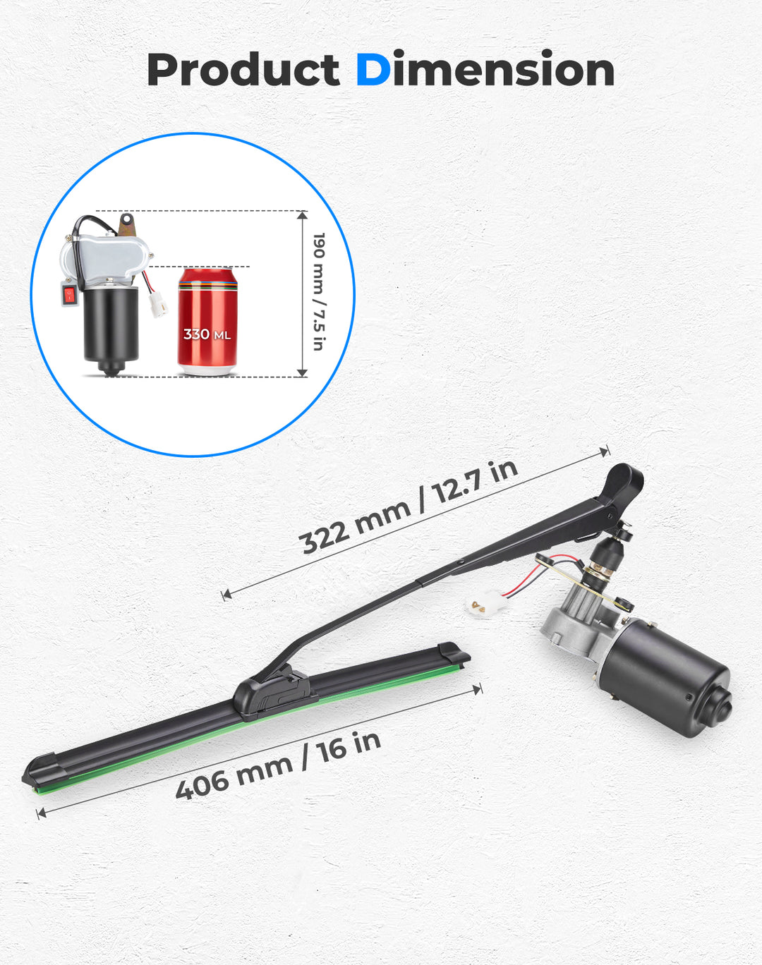 12V Electric Windshield Wiper Kit 16" for most UTV